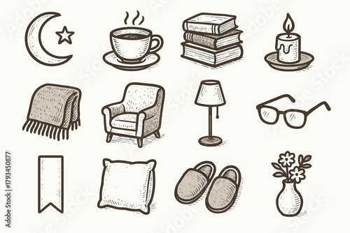 Icons cozy reading icon glasses vase pillow slippers chair candle vector lamp
