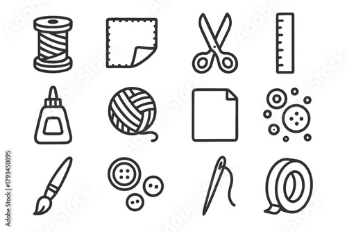 Paintbrush paper tape icon materials buttons sewing fabric roll icons glue vector