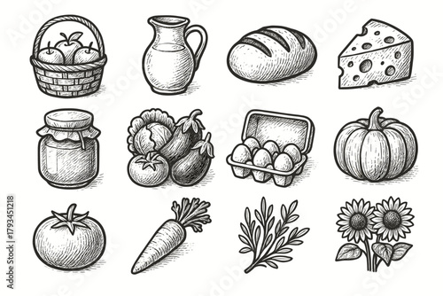 Basket egg vector icon apples vegetables cheese loaf market sunflowers milk icons