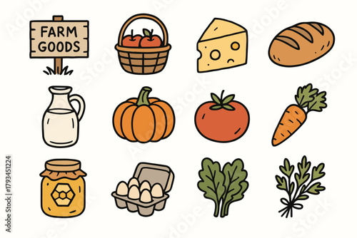 Icons market farm pumpkin goods carrot jar carton basket vector leafy icon