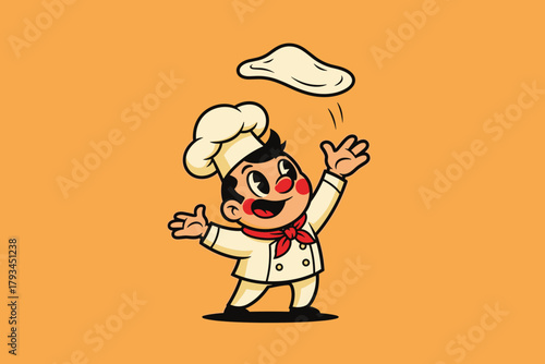 Happy Cartoon Chef Tossing Pizza Dough in the Air.