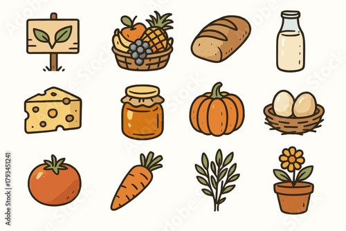 Flower icon market vector herbs icons honey carrot basket cheese milk loaf