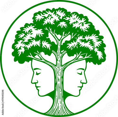 green tree and faces silhouette