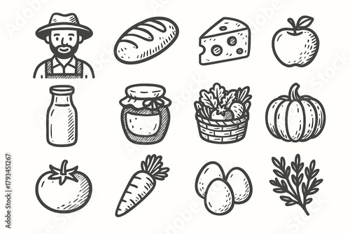 Bottle cheese eggs icon jar market loaf farm vector icons carrot bread