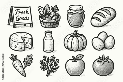 Farm tomato bottle bread vegetable icon market icons eggs vector pumpkin fresh