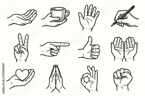 Icons gesture open up holding thumbs vector icon praying cupped writing hand