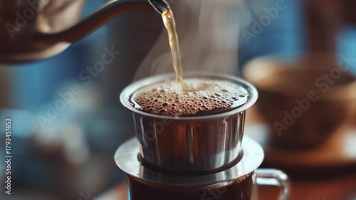 Cinematic Close-Up of Vietnamese Drip Coffee in a Cozy Cafe, Capturing the Slow Pour, Rich Texture, Steaming Aroma, Warm Tones, and Inviting Atmosphere of a Traditional Morning Ritual