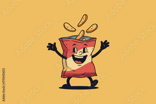 Happy Cartoon Potato Chip Bag with Chips Falling Out.