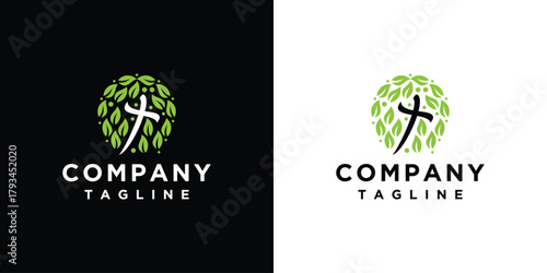 Christian Cross Church logo design vector illustration. cross logo with leaves around it	
