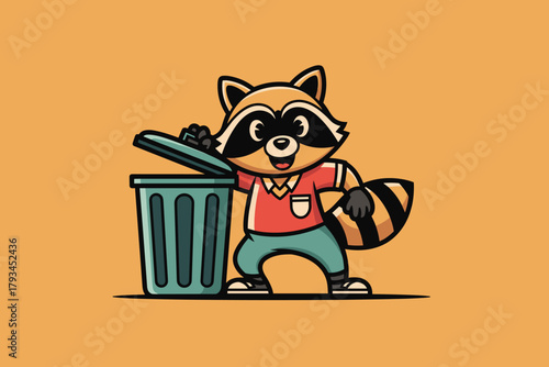 Cute cartoon raccoon standing next to an open trash can.