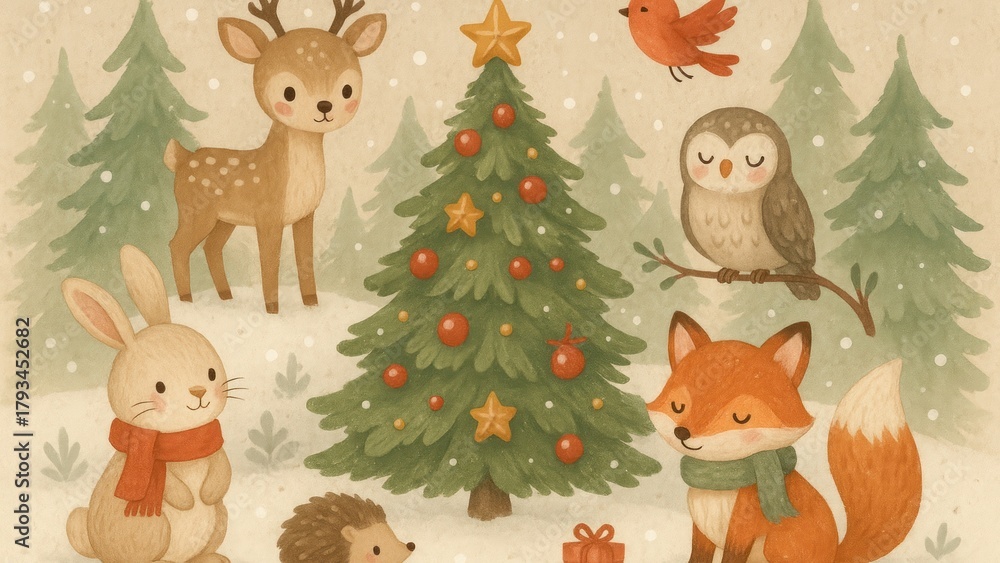 Obraz premium Charming woodland animals celebrate Christmas desktop wallpaper