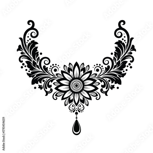 Black ornamental floral design with central flower and hanging pendant white