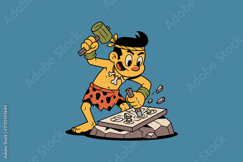 Cartoon caveman diligently carving symbols into a stone tablet.