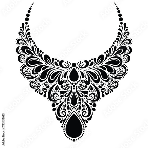 Black ornate filigree necklace with teardrop pendant and dotted accents jewelry