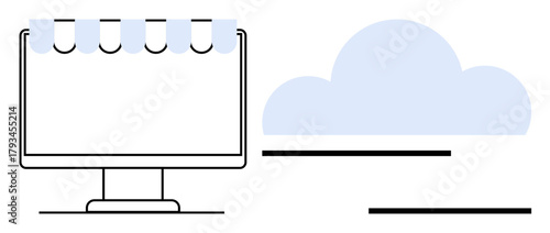 Monitor with canopy representing an online store alongside a cloud shape. Ideal for e-commerce, digital marketing, data storage, cloud computing, online business, web services, simple flat metaphor