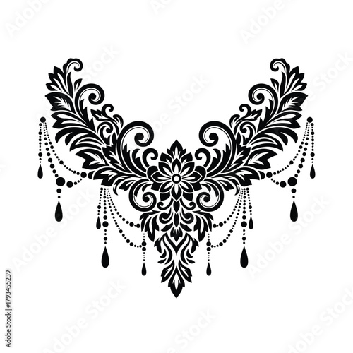 Black ornate floral design with hanging bead accents on white background vector