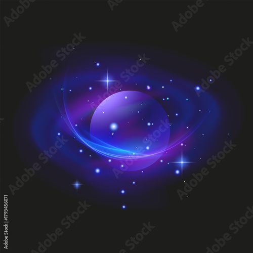 Glowing Purple Planet with Rings in Cosmic Space Neon planet with glowing rings