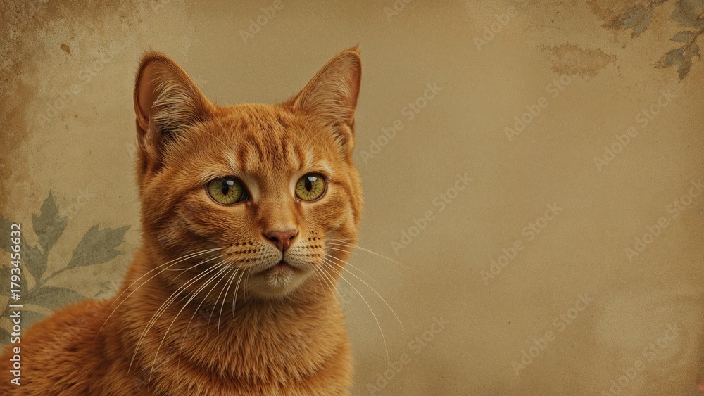 Obraz premium An orange tabby cat with green eyes in front of a floral background.