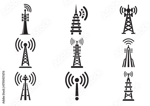 Set of 5g signal tower icon, 5g signal tower silhouette vector