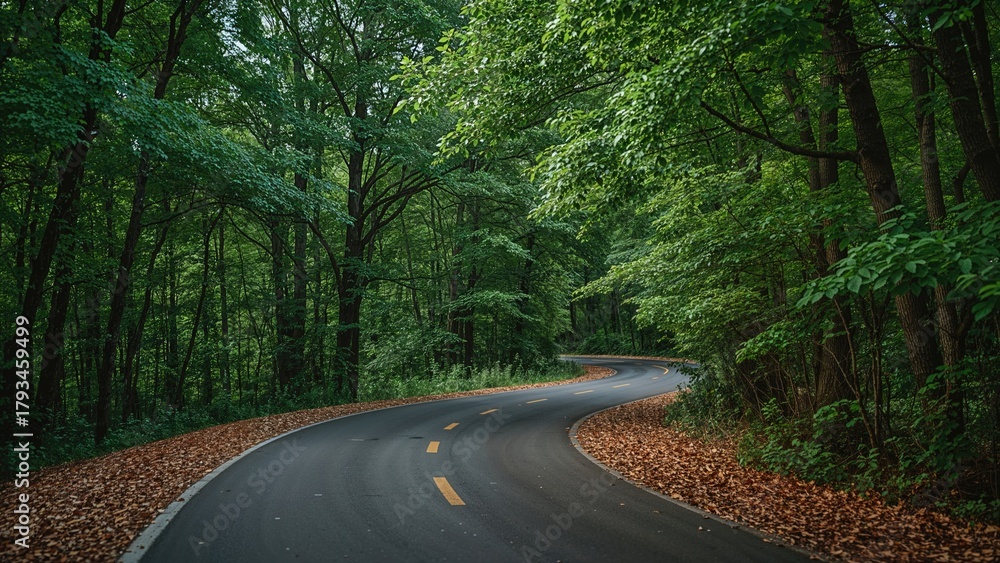 Fototapeta premium Winding road through a dense green forest with trees and fallen leaves.