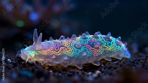 Magical Neon Sea Slug with Psychedelic Glowing Patterns