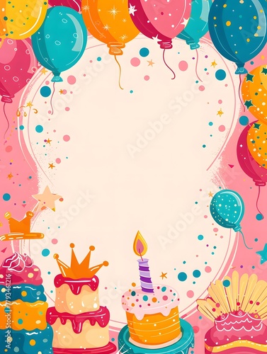 Colorful cartoon birthday celebration background with balloons, cakes, and confetti bordering a blank white space, festive party illustration for invitation cards, greeting designs