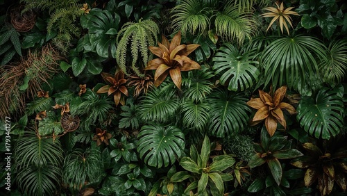 Dense tropical jungle with various green leaves and brown flowering plants.