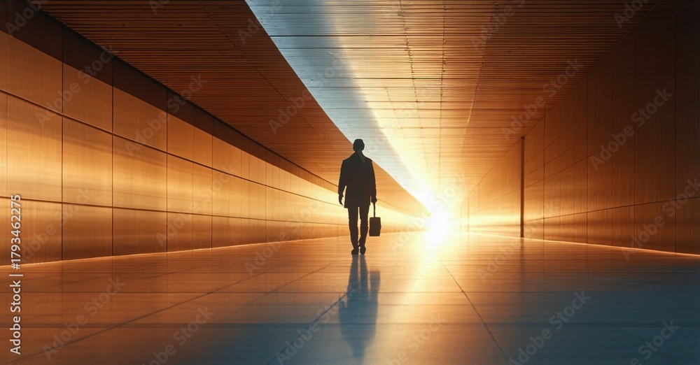 Fototapeta premium Lone figure walks toward bright light within long tunnel. Dramatic perspective, warm tones dominate scene. Minimalist composition.