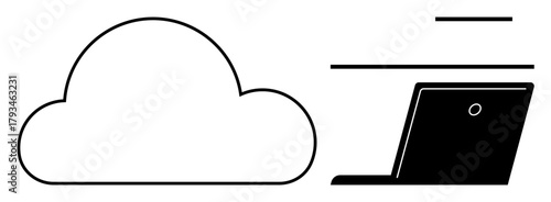 Cloud shape connected to a laptop suggesting data access and storage. Ideal for technology, internet, communication, data, remote work, backup, efficiency. A simple flat metaphor