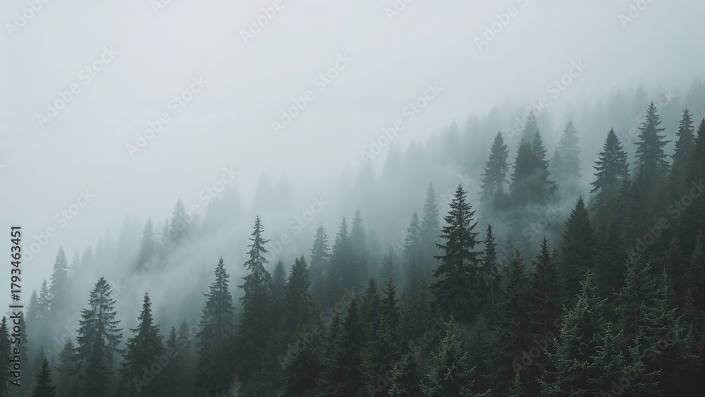 Obraz premium Dense forest with foggy atmosphere and tall pine trees. Nature and wilderness scene. Misty landscape of trees and mountain ranges.