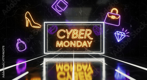 Neon Cyber Monday arrangement with luxury goods on black marble. A vibrant scene showcasing commerce. Shopping spree, exclusive deals, luxury lifestyle.