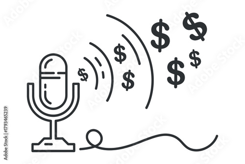 A microphone broadcasts dollar signs, symbolizing podcast monetization.