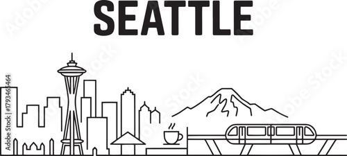 Seattle outline skyline silhouette minimal illustration famous landmark travel vector design panoramic view