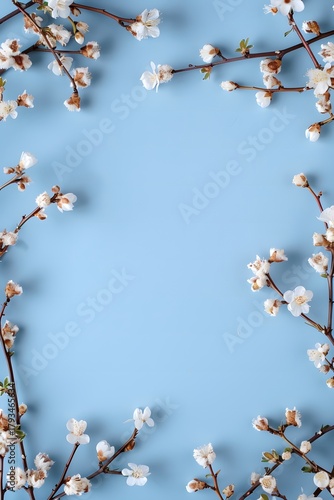 Spring flowering branches with small white blossoms framing a pastel blue background. Seasonal floral composition with copy space for Easter greeting cards or nature concepts with soft light.
