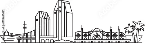 San diego california skyline vector illustration outline with waterfront buildings skyscraper and palm trees