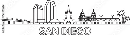 San diego skyline vector illustration outline cityscape drawing with landmarks famous buildings and monuments