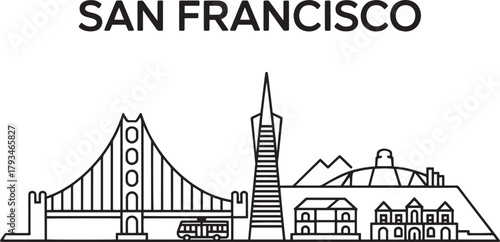 San francisco california usa skyline outline illustration cityscape famous landmark bridge architecture travel vector