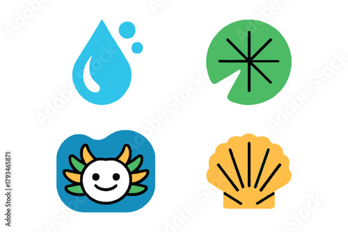 A collection of simple, colorful icons representing elements of nature, including water, a lily pad, an axolotl, and a shell.