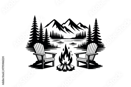 Two Adirondack chairs face a campfire and serene mountain lake scene