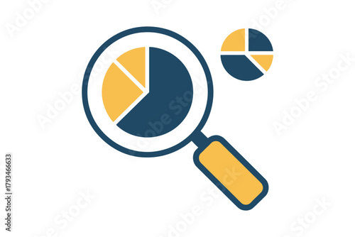 Magnifying glass examining a pie chart, representing data analysis and business.