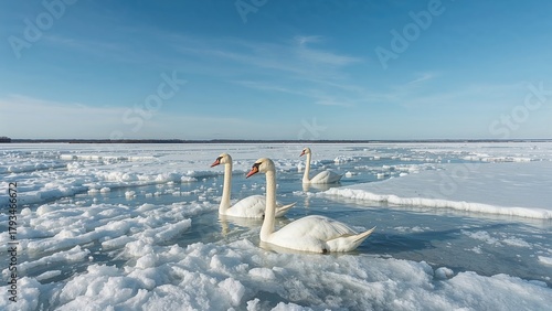 Fototapeta Naklejka Na Ścianę i Meble -  Swans on icy water under a partly cloudy sky.