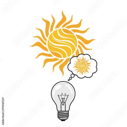 Sun symbol with light bulb and creative thought concept  