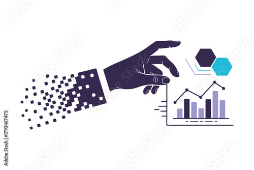 Hand with dissolving particles manipulates a business graph with data points