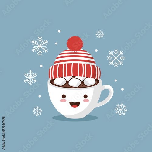 Cute cup of hot chocolate wearing a hat with marshmallows and snowflakes  