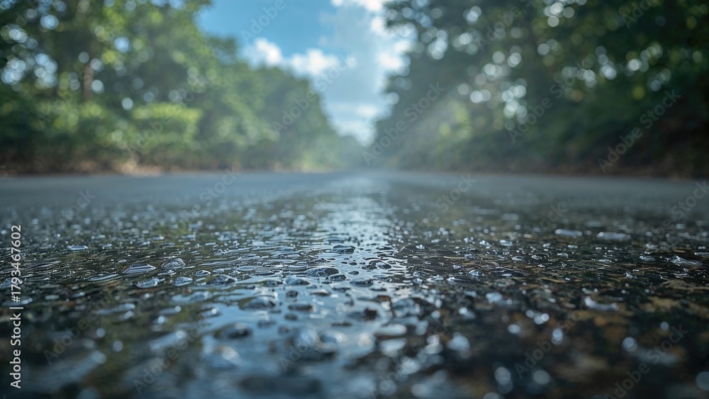Fototapeta premium Wet road surface with water droplets, surrounded by lush green trees and blue sky, illustrating a rainy day or recent rainfall.