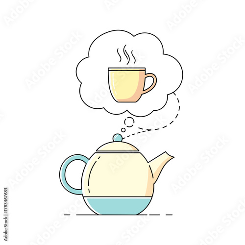 Teapot thinking about steaming cup of tea with steam above  