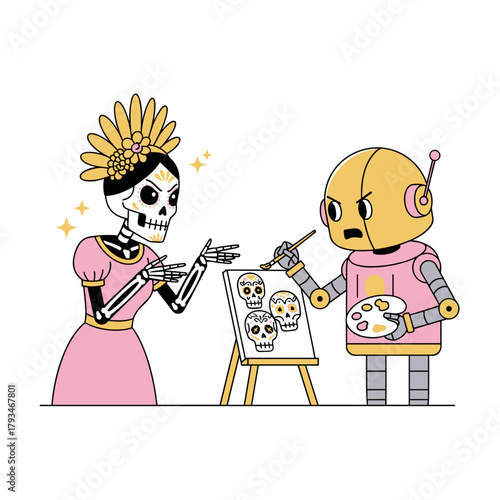 Skeleton woman teaching robot to paint skull designs  
