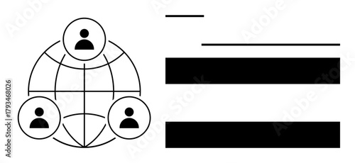 User profiles connected via a global network with abstract data bars and lines. Ideal for teamwork, collaboration, communication, networking, global reach, digital interaction, social connection