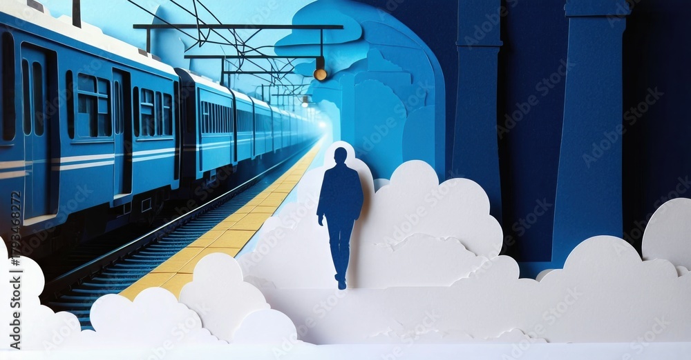 Fototapeta premium Papercraft style image depicts train station scene. Silhouette walks toward bright light, trains visible. Blue tones dominate composition.