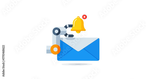 Automated Email Notification System with Robotic Arm and Bell Icon.